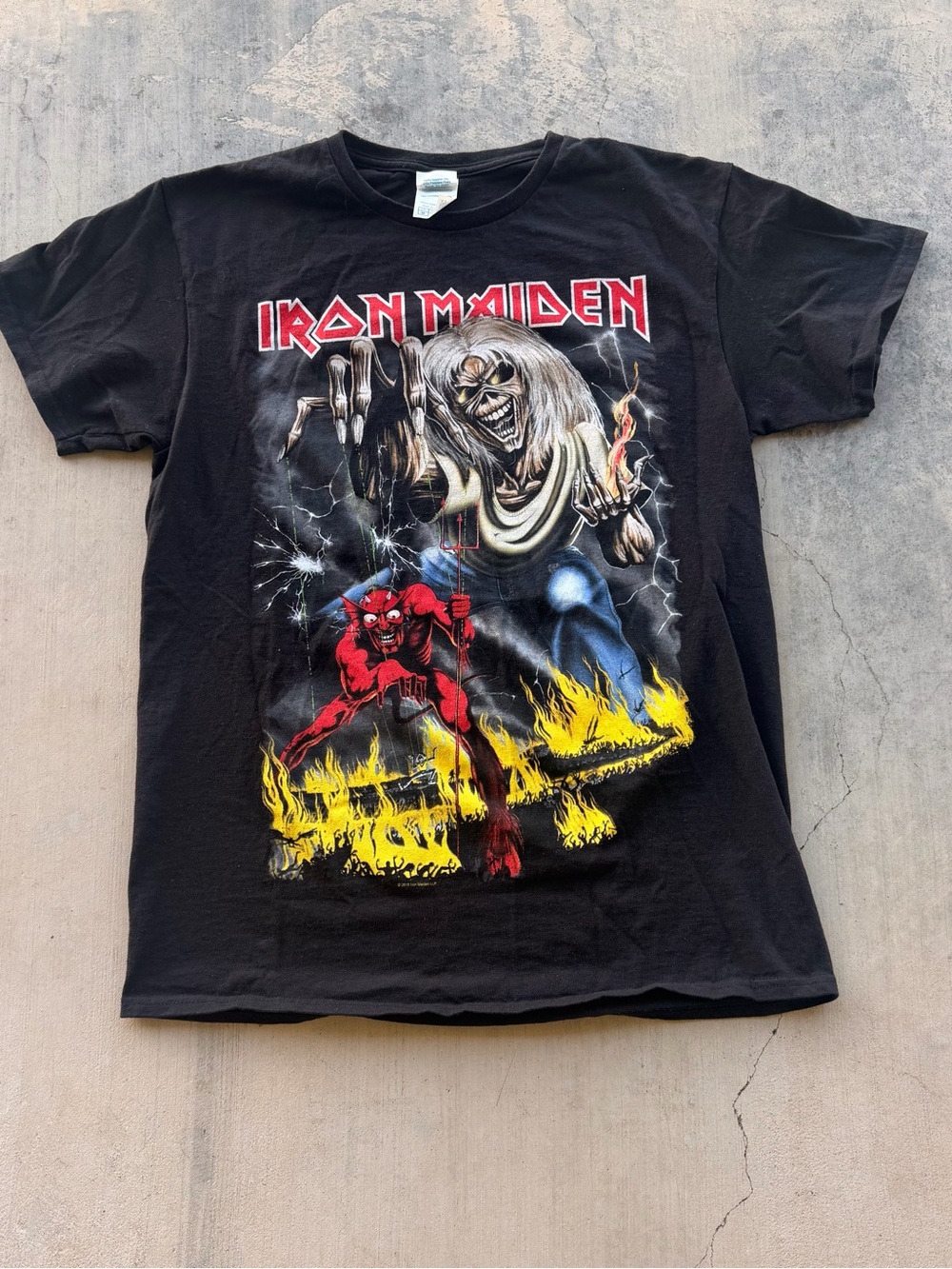 Delta Black Iron Maiden Graphic Tee with Red Devil and Yellow Flames